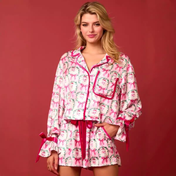 2 Pcs Women's Christmas Pajama Set Santa Tree Print Lapel Neck Button-up Long Sleeve Tops Shorts Loungewear Outfit - Image 10