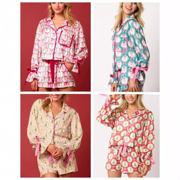 2 Pcs Women's Christmas Pajama Set Santa Tree Print Lapel Neck Button-up Long Sleeve Tops Shorts Loungewear Outfit - Image 4