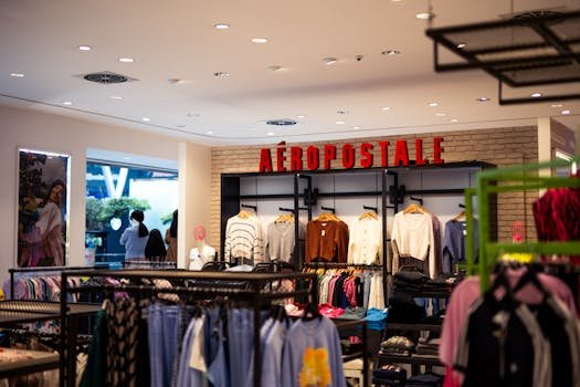 Modern Aéropostale store interior showcasing fashionable clothing and accessories on display.